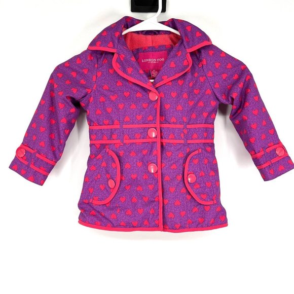 London Fog Girls Raincoat Jacket Purple Pink Heart Print Hooded Fleece Lined - Picture 2 of 12